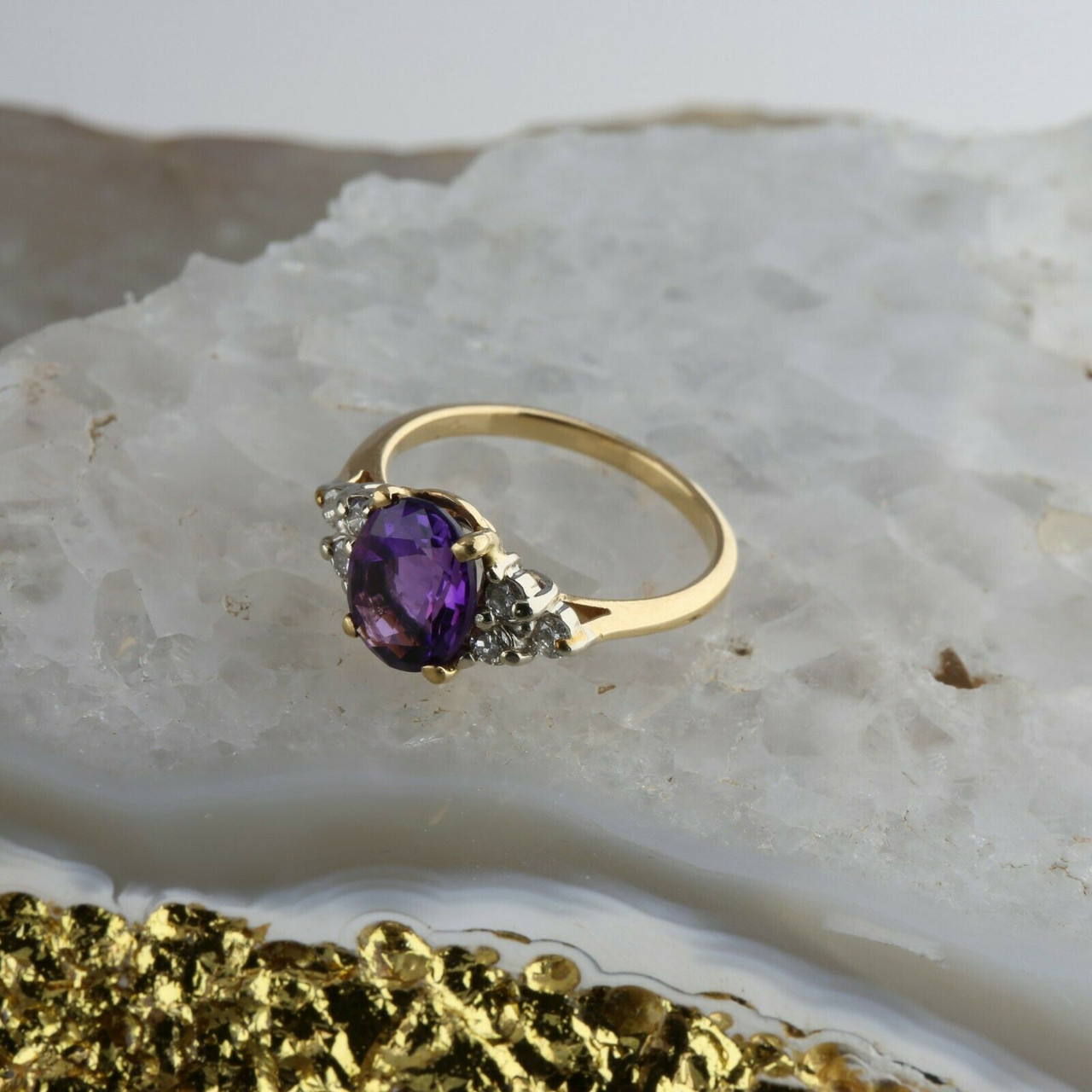 14K Yellow Gold Oval Amethyst Floral Diamond Halo Engagement Ring -1/2 –  RockHer.com