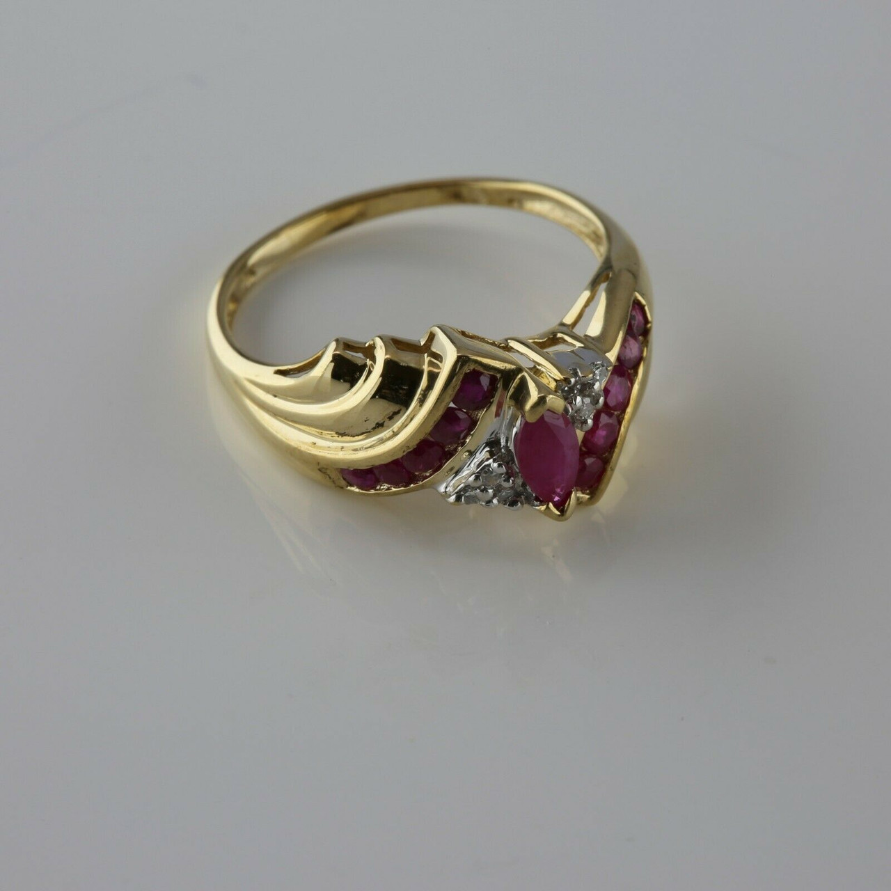 10K YG Ruby and Diamond Cocktail Ring Bypass Design Ring Size 7.5 Circa 1980