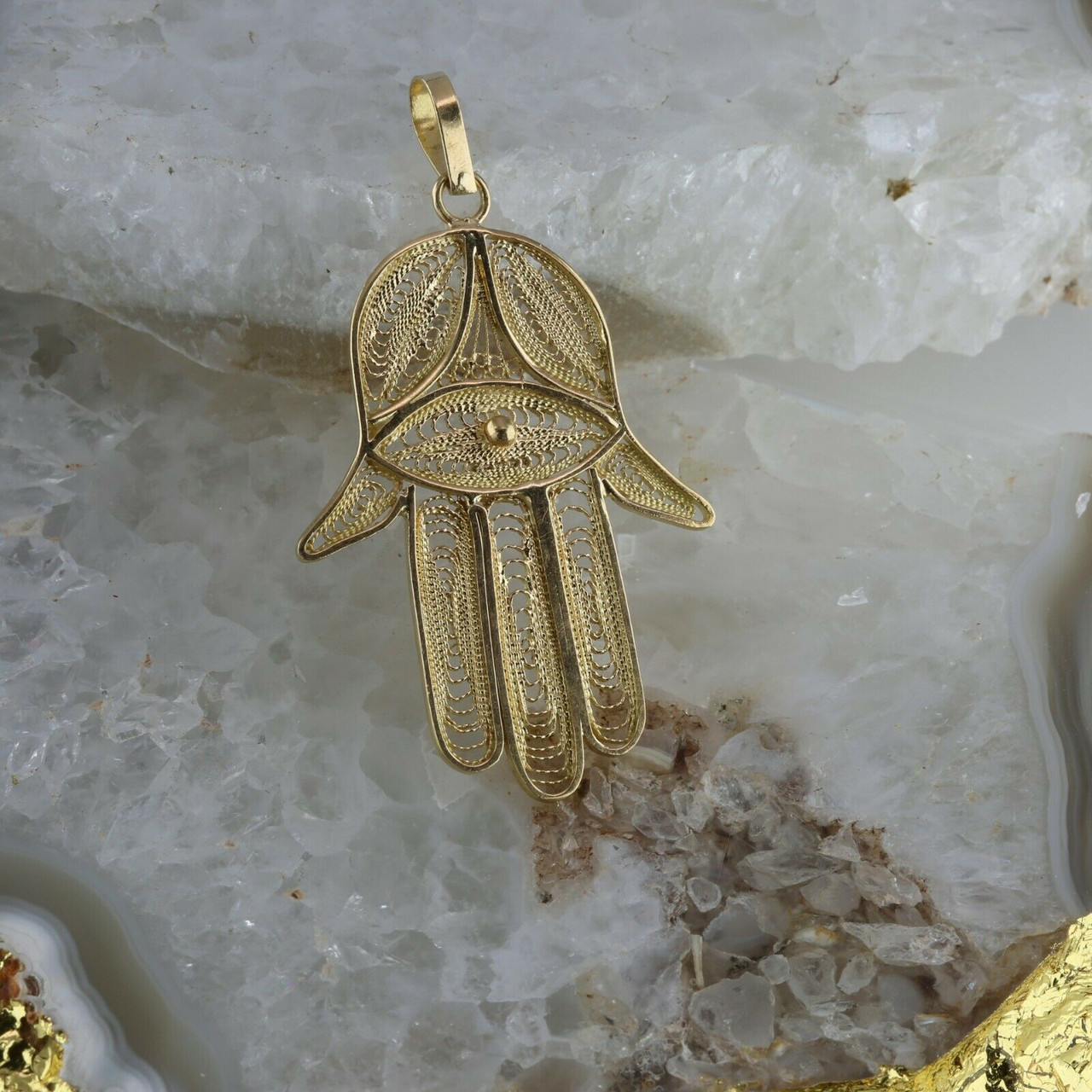 18K Yellow Gold Filigree Hamsa Hand Pendant with Eye Center