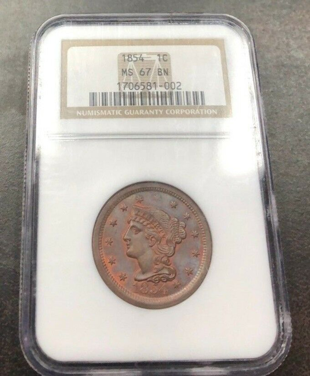 1854 Braided Hair Large Cent NGC MS-67 BN - Colonial Trading Company