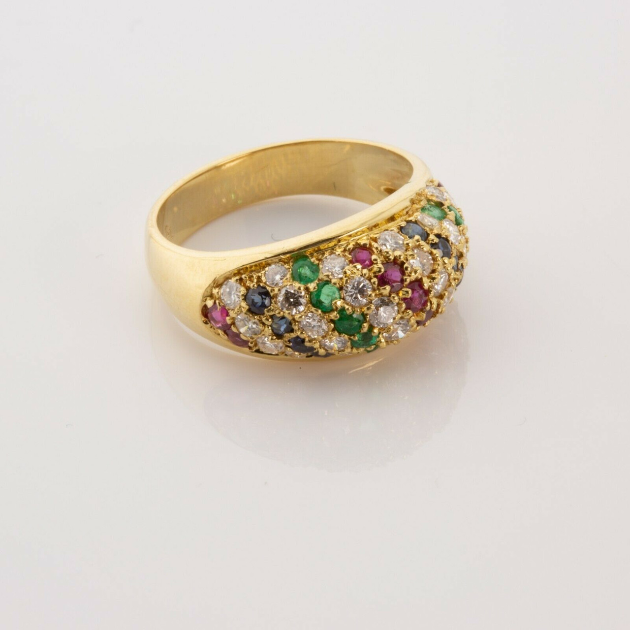 Vintage 18K YG Ruby Diamond Sapphire and Emerald Domed Ring