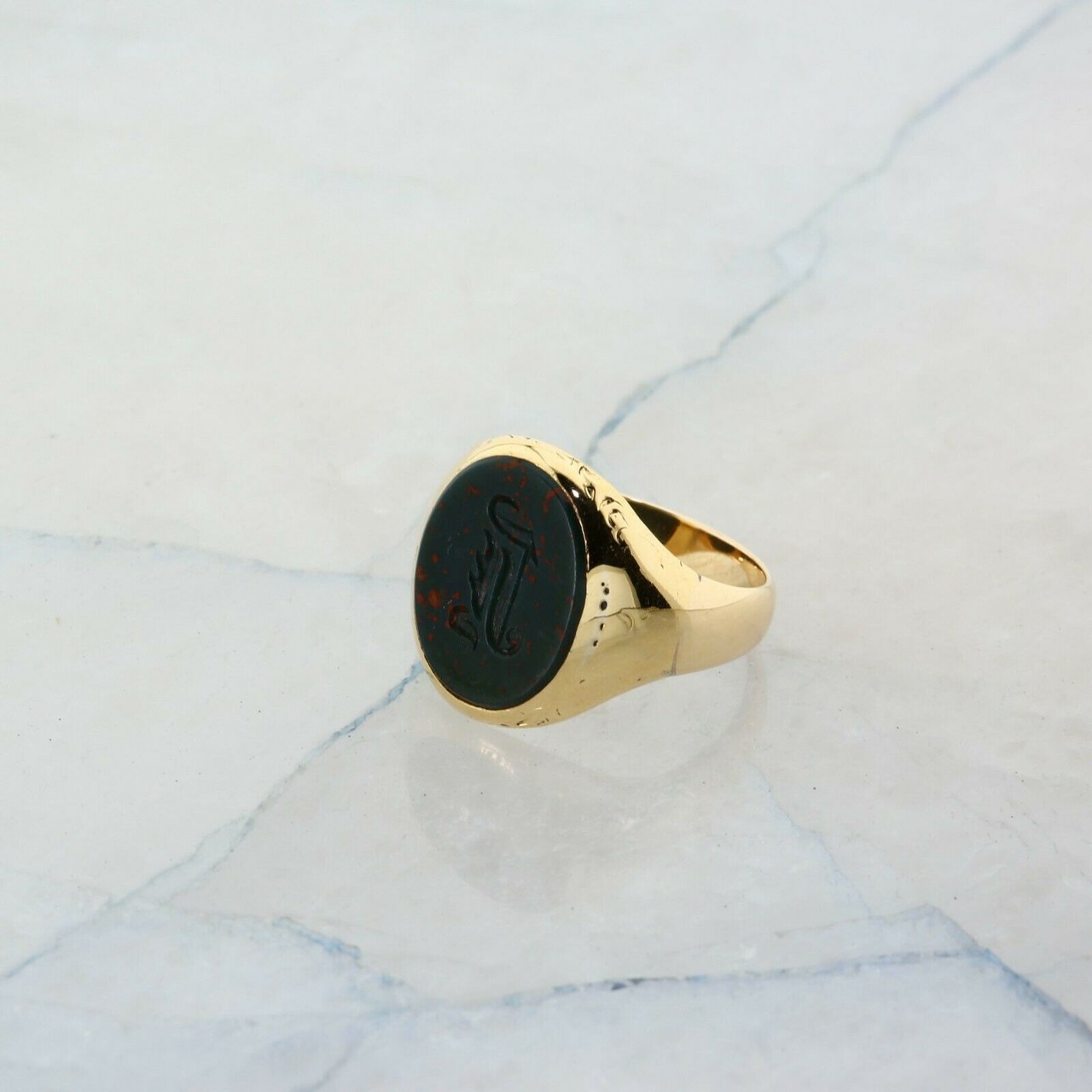 Vintage Men's Carved Bloodstone Ring in 14k Yellow Gold - Filigree Jewelers