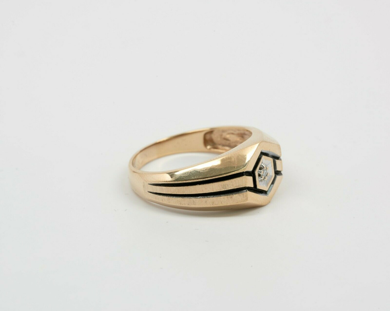 10K Yellow Gold Men's Art Deco Style Diamond Ring Circa 1970, Size 12