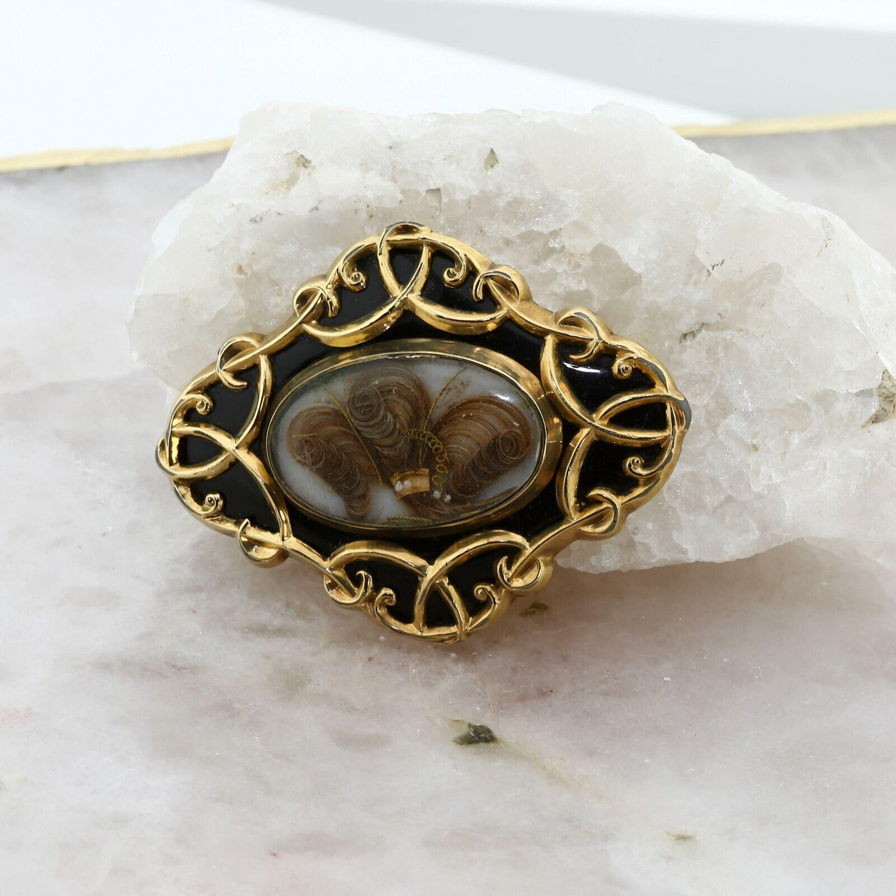 Antique 14K Yellow Gold Onyx Swirl Mourning Brooch Pin Pendant