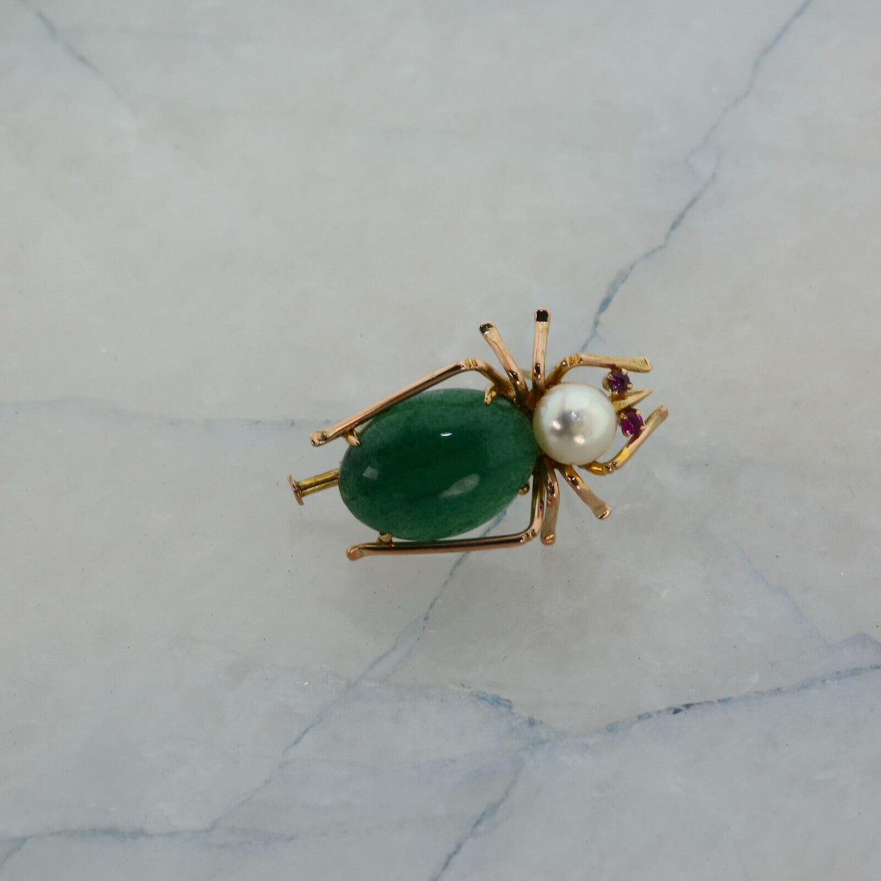 14K Yellow Gold Green Beetle Pin with Aventurine, Pearl