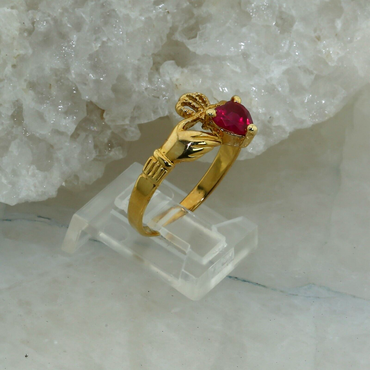 14K Yellow Gold Claddagh Ring w/ Heart Shaped Man Made Ruby, size 8.75