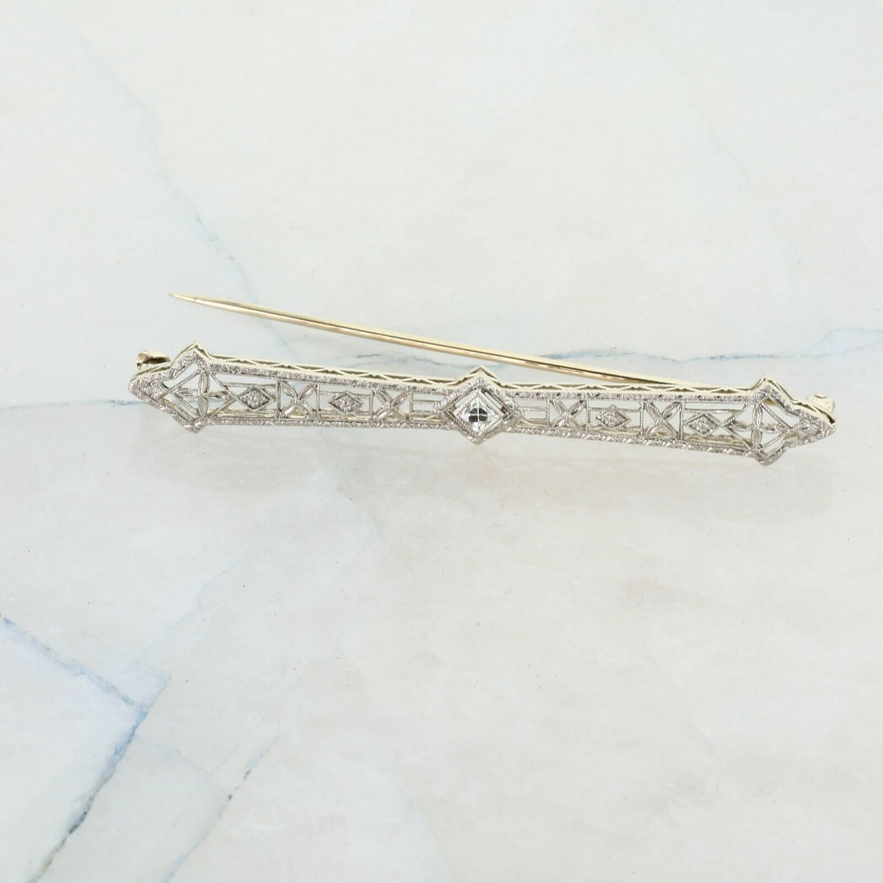 1920s Vintage Filigree 14K White Gold Diamond Pin Brooch with Blue Green  Accents - Timekeepersclayton