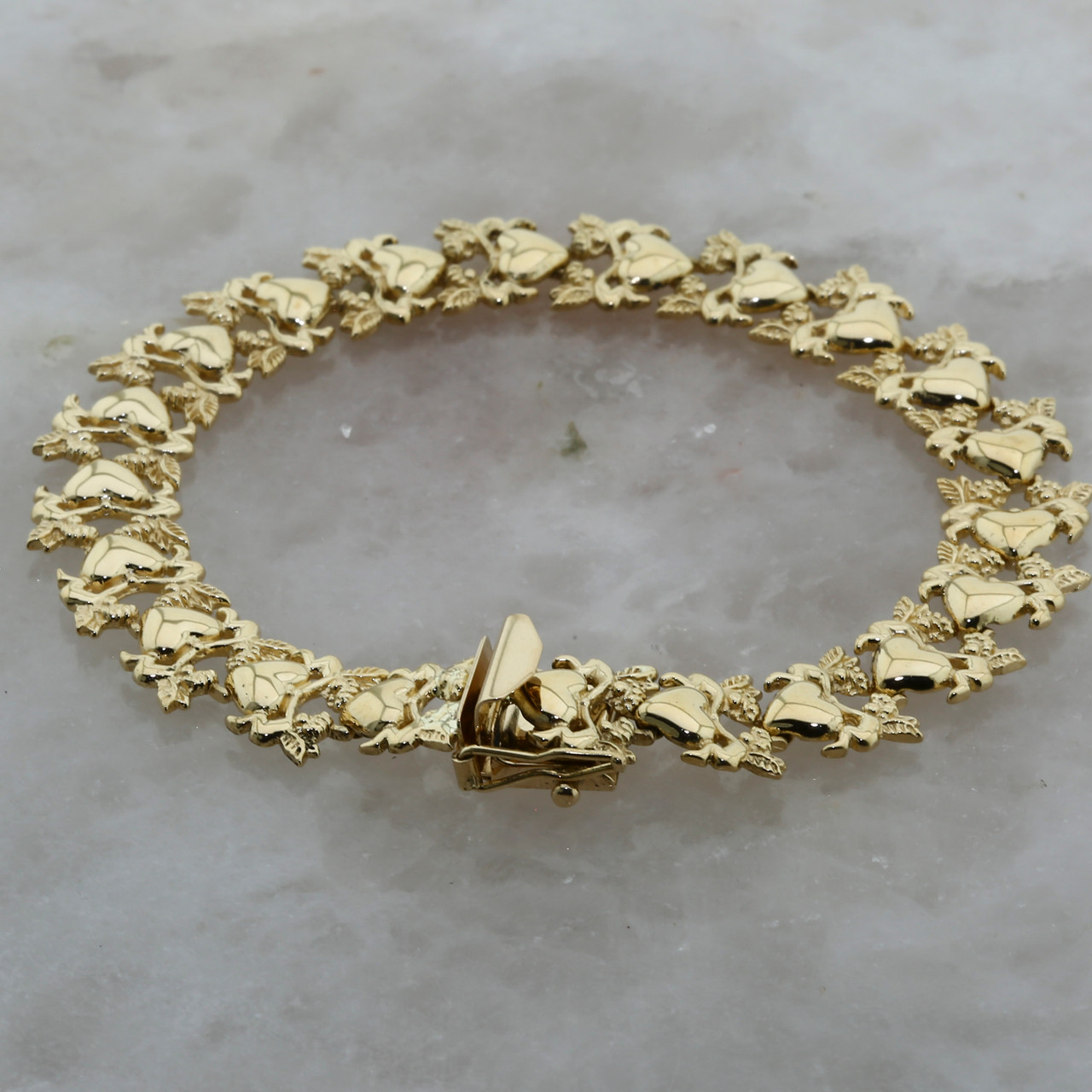 14K Yellow Gold Cupid and Hearts Bracelet, 8 long