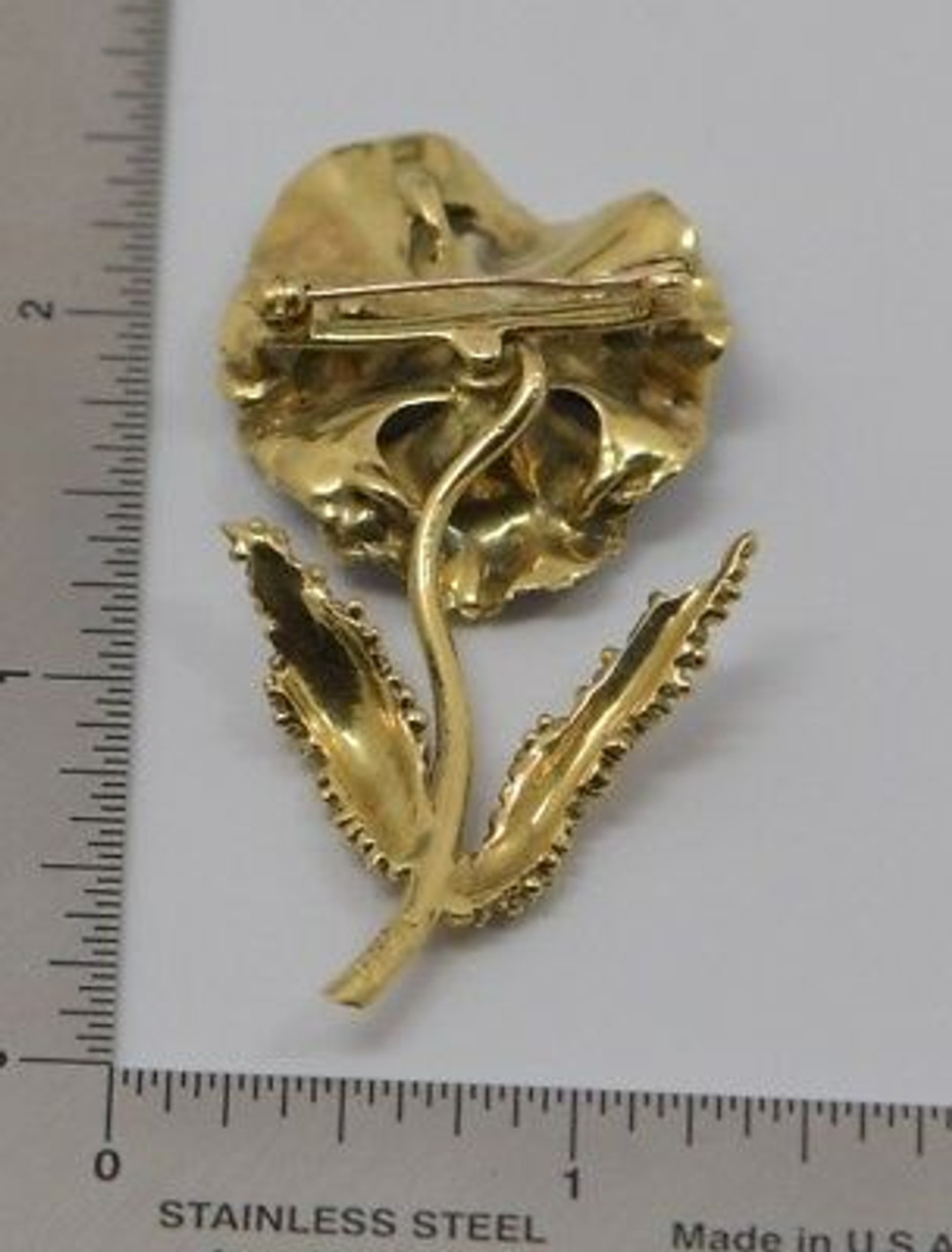 18K Yellow Gold Flower Brooch Pin w/ Diamonds