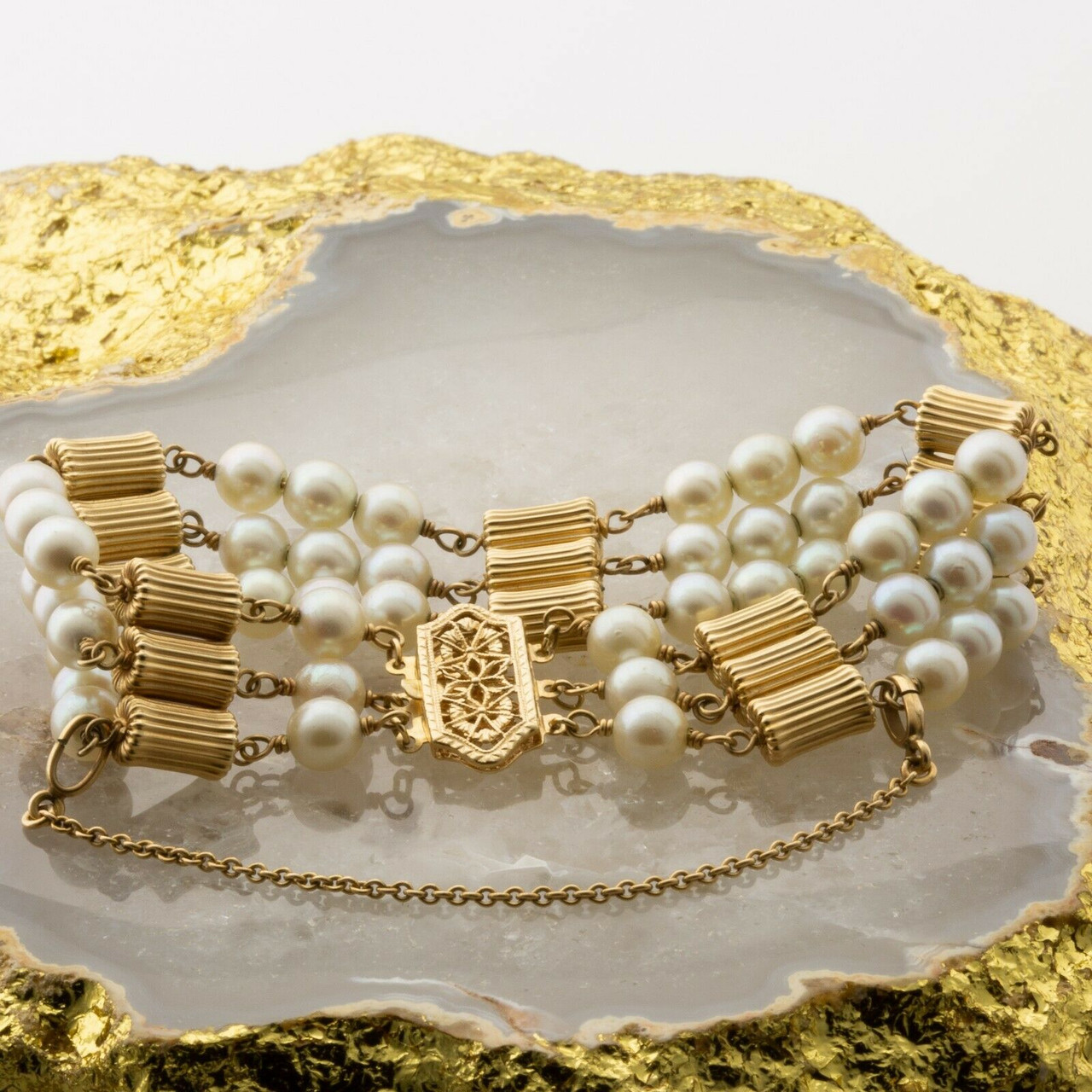 Vintage 14K Yellow Gold Cultured Pearl Bracelet Circa 1960