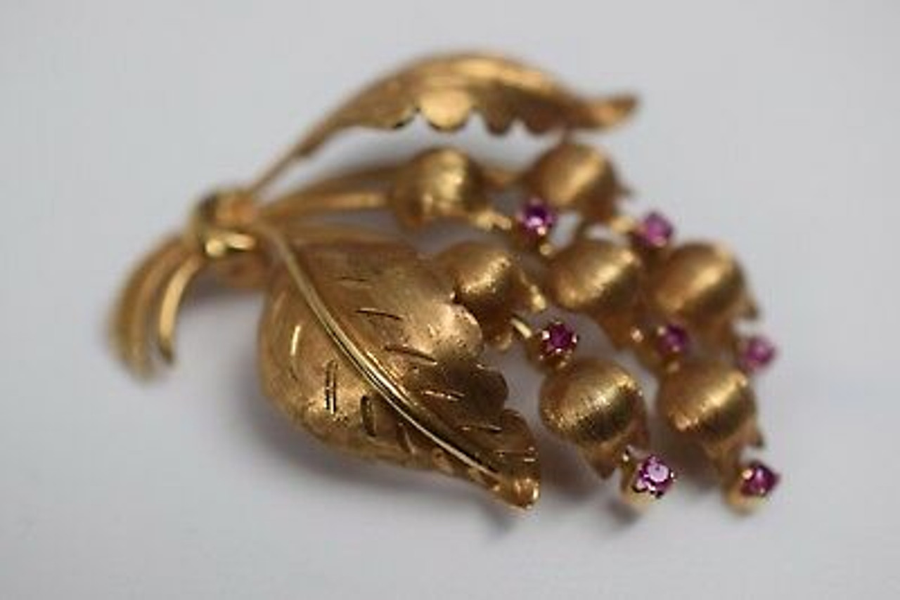 18K Yellow Gold Tiffany & Co. Lily of the Valley Ruby Brooch, Circa 1950