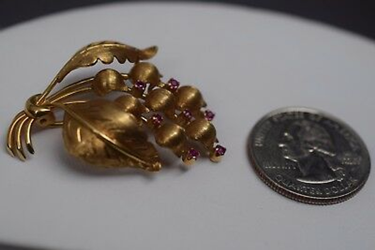 18K Yellow Gold Tiffany & Co. Lily of the Valley Ruby Brooch, Circa 1950