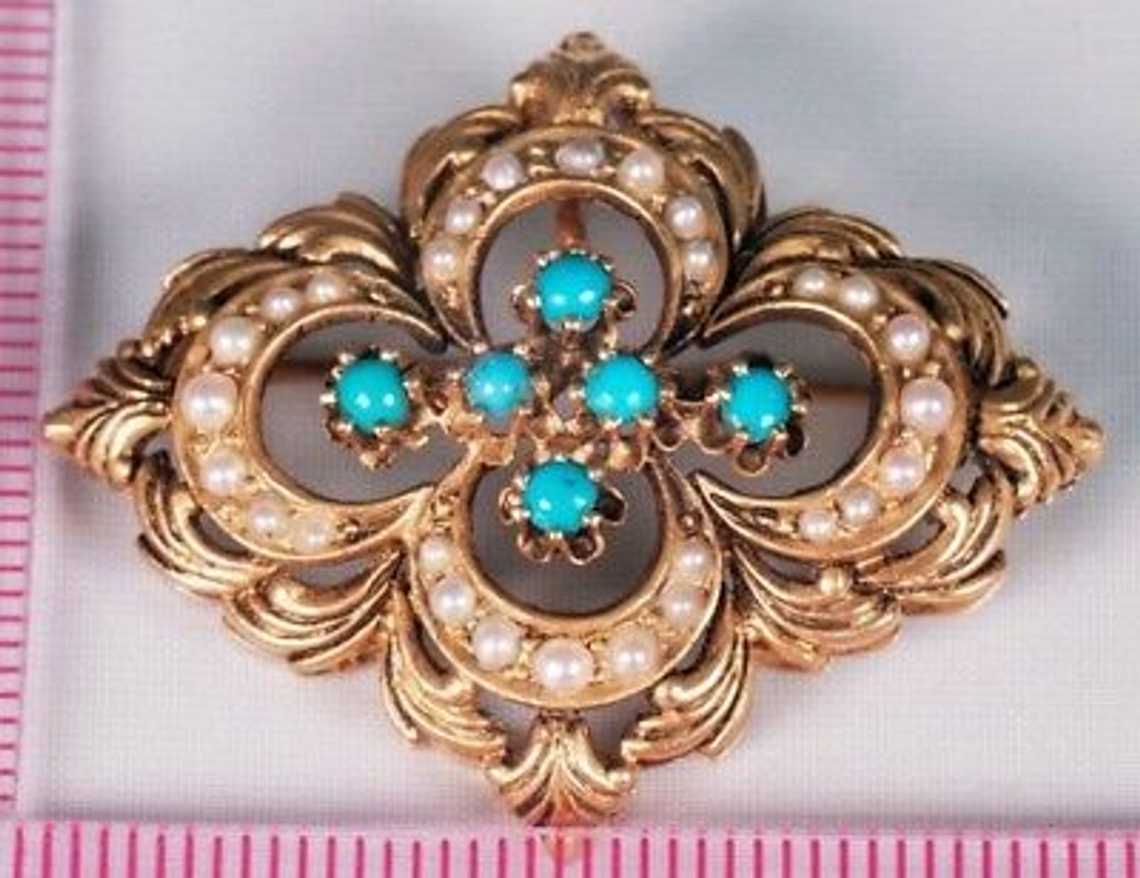 Vintage 14K Yellow Gold Turquoise & Seed Pearl Floral Brooch/Pin - Ruby Lane