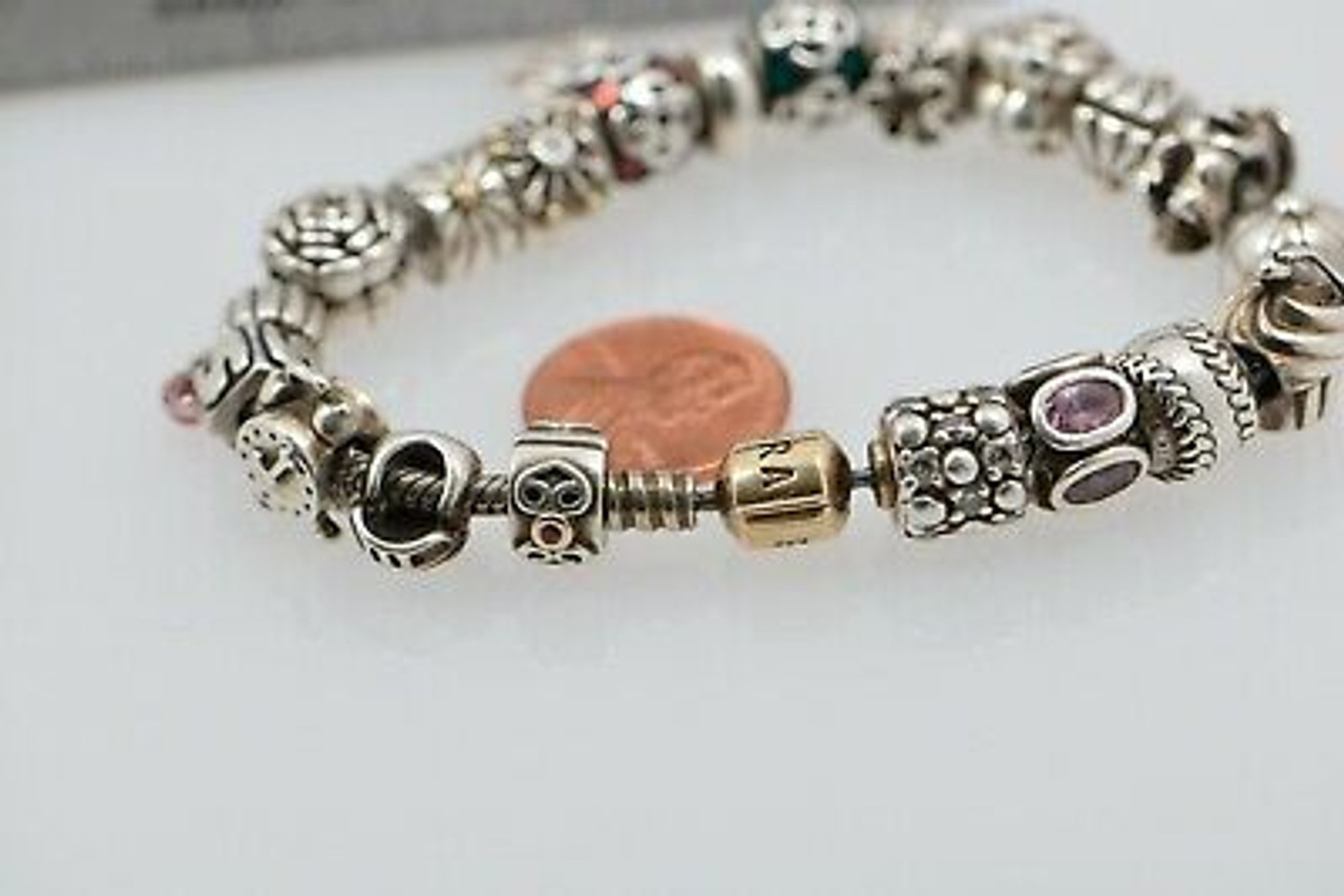 Sterling Silver Pandora Bracelet w/14K Yellow Gold Clasp & several Silver  Charms - Colonial Trading Company