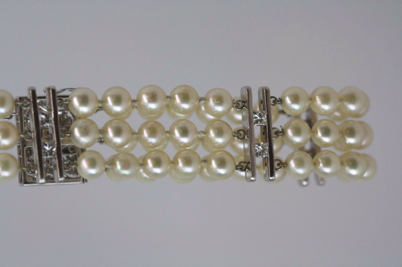 Antique French Belle Époque 3 Strand Pearl and Diamond Bracelet at 1stDibs