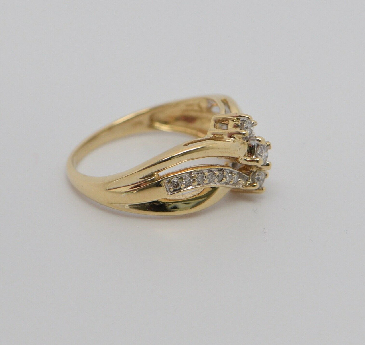 14K Yellow Gold 3 Diamond Ring with Double Bypass Design Circa