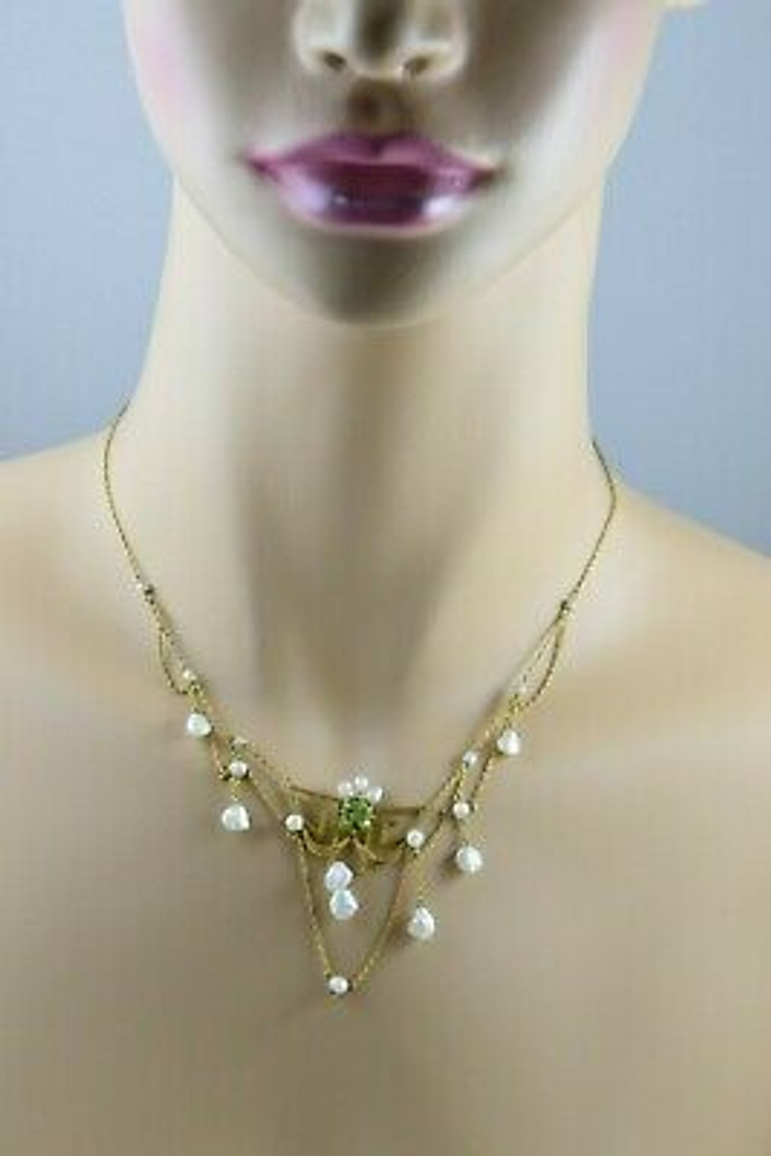 Antique 3.43 ct Peridot and Seed Pearl, 15 ct Yellow Gold Necklace - Ruby  Lane