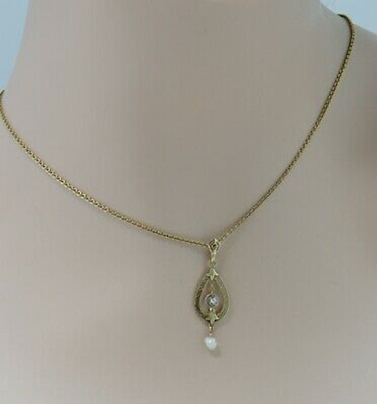 14K Yellow Gold Edwardian Diamond and Baroque Pearl Pendant on 17" Chain