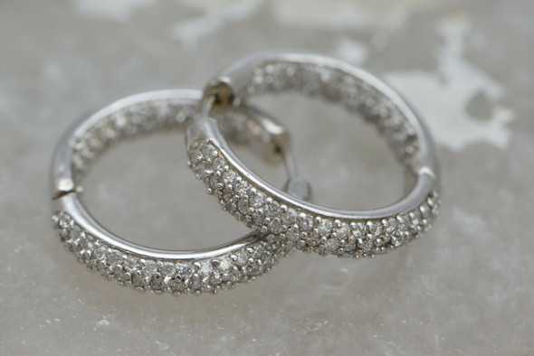 14K White Gold Diamond Hoops, 5 ct tw Pave Round Stones Throughout Outside