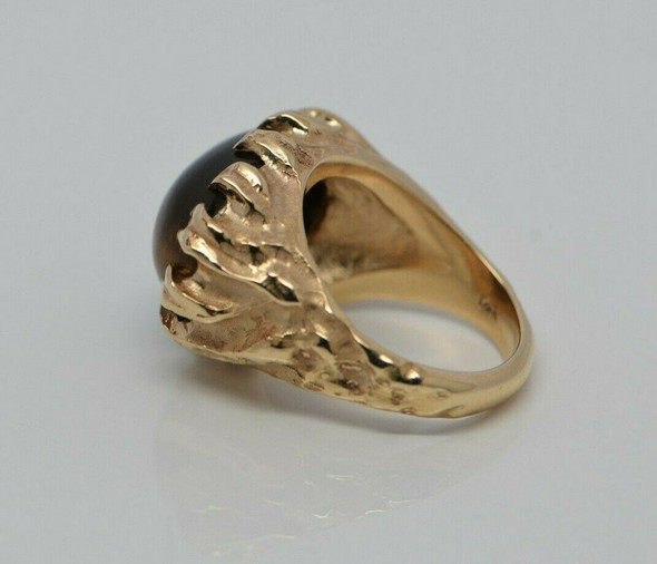 14K Yellow Gold Tiger Eye Brutalist Style Ring, High Dome Circa 1970, Size 7.25
