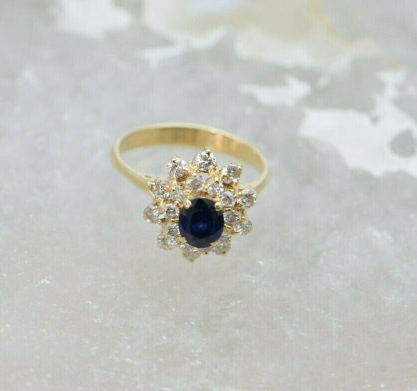 14K Yellow Gold Sapphire & Diamond Halo ring - 2 ct tw, Circa 1960, Size 5.5