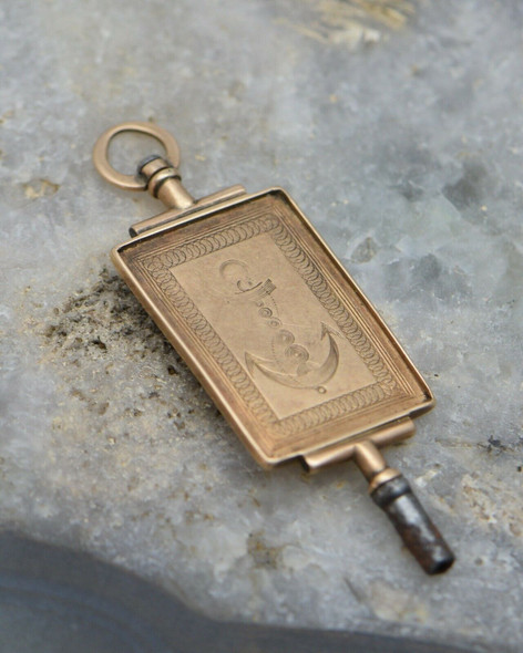 10K Yellow Gold 19th Century watch Key, Engraved with Nautical Designs