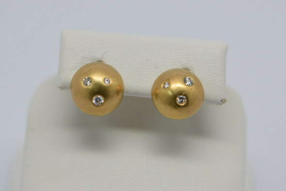 18K Yellow Gold Diamond Studded 1/2 Round Studs, 6 Diamonds Total, Gypsy Set