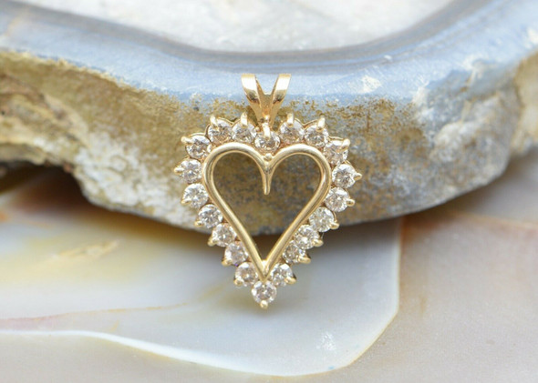 10K Yellow Gold Diamond Halo Heart Pendant, Open Heart Stones, Circa 1960
