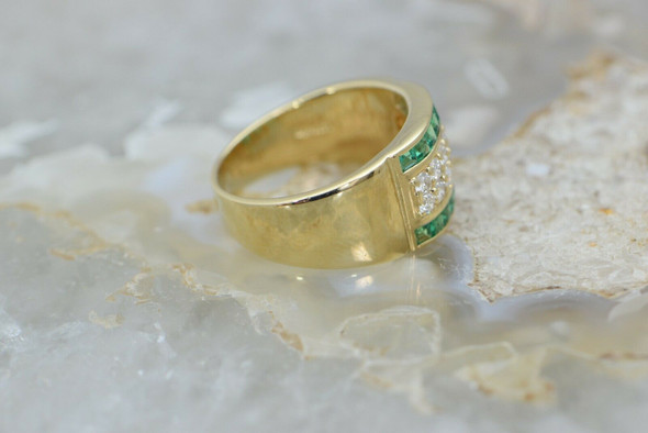 14K YG Unisex Sharp Looking Emerald and Diamond Ring Circa 1990 Size 10
