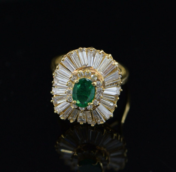 18K Yellow Gold Emerald and Diamond Cluster Ring Circa 1960's, Size 6