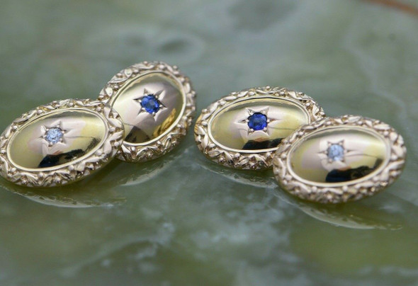 Vintage 14K YG Reversible Diamond and Sapphire Cuff Buttons Circa 1940