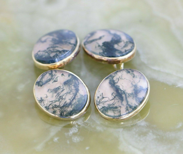 14K YG Moss Agate Cab Cuff Button Links Dog Bone Wire Central Link Circa 1970