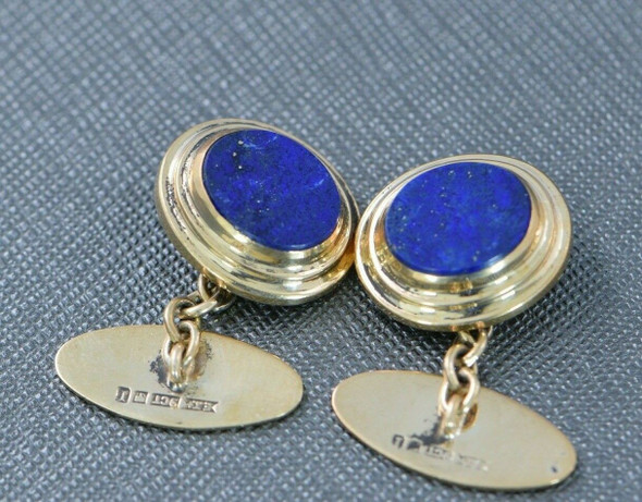 9K YG Lapis Cuff Button Links Oval Flat Lapis with Pyrite Inclusions Circa 1980