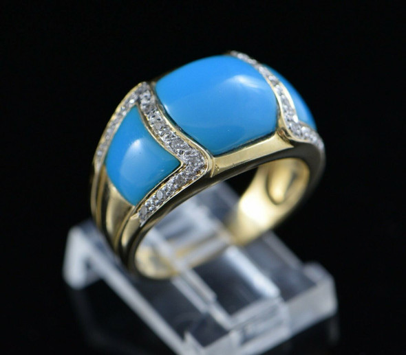 14K Yellow Gold Turquoise and Diamond Ring Circa 1990, Size 8