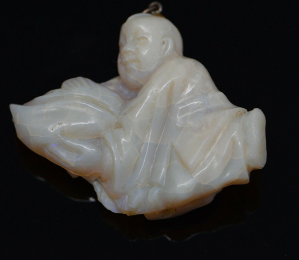 Chinese Opal Carving Pendant with White Opal, Monk Presenting Fruit