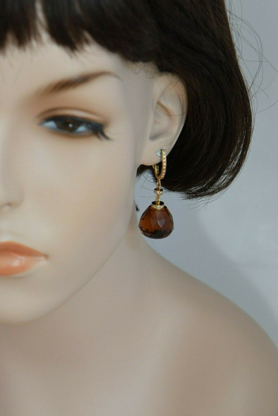 Superb 18K YG Multi Faceted Dark Citrine and Diamond Earrings