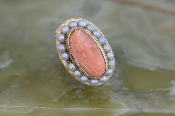 14K YG Coral Cameo and Pearl Ring, Classic Head Cameo w/pearl Surround, Size 7