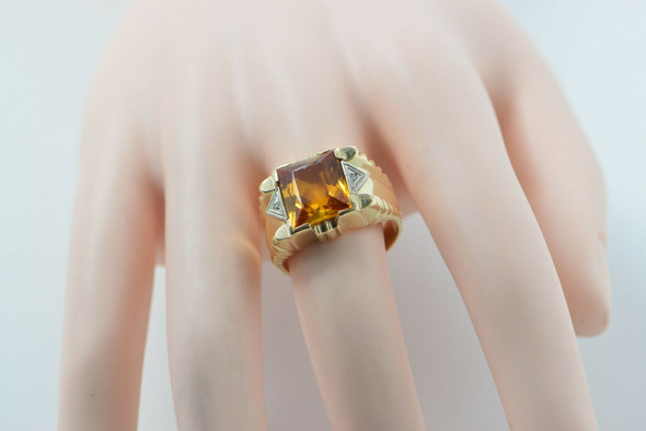 10K Yellow Gold Citrine Ring, Diamond Accent, Deco Style, Circa 1950, Size 8.25