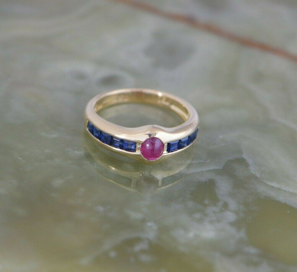 18K YG Ruby and Sapphire Ring, Maker T in Circle, Circa 1990, Size 7