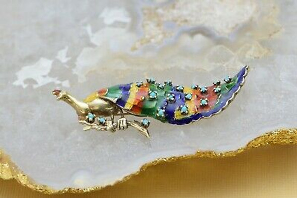 Superb 14K Yellow Gold Peacock Turquoise and Enameled Brooch, Circa 1960