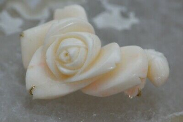 14K Yellow Gold Angel Skin Coral Rose Carving Pin, Locking Clasp, Handmade