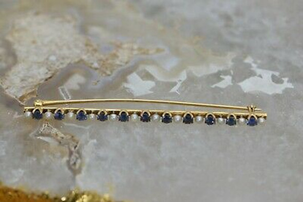 14K Yellow Gold Sapphire and Pearl Bar Pin, 11 stones, 12 pearls, Circa 1950