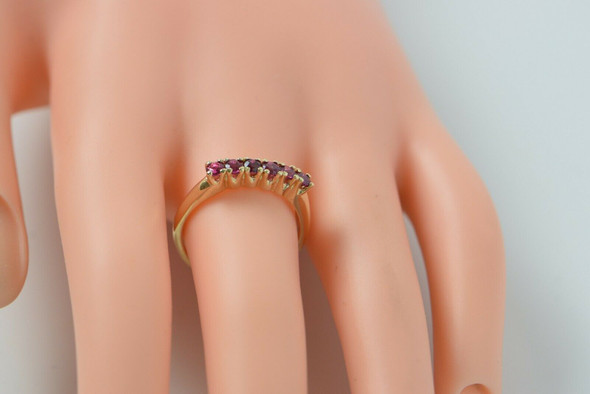 14K Yellow Gold Ruby Ring, 6 Round Rubies, Circa 1960, Size 8
