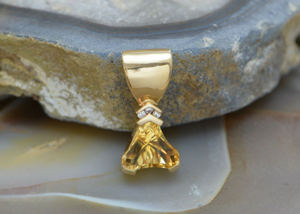 14K Yellow Gold Yellow Citrine & Diamond Accent Pendant, 1" drop, Circa 1980