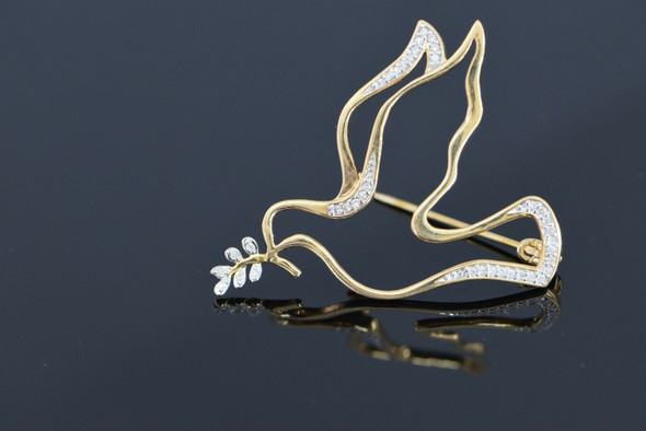 14K Yellow Gold Peace Dove Diamond set Pin, Modern, 4.5 Grams