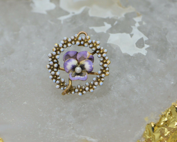 14K Yellow Gold Enamel Pansy Pin, Pearl set in Central Flower, Circa 1900