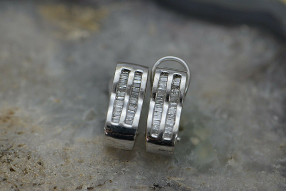 14K White Gold Diamond Omega Studs Baguette Diamonds in Two Rows