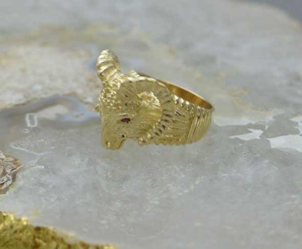 14K Large YG Rams Head Ring with Ruby Eyes Handmade Size 8.75 Circa 1980