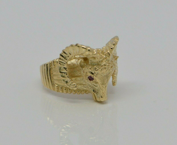 14K Large YG Rams Head Ring with Ruby Eyes Handmade Size 8.75 Circa 1980