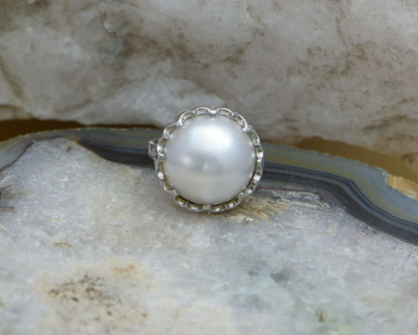 Vintage Platinum Mabe Pearl Ring with Diamond Accent Band Circa 1950, Size